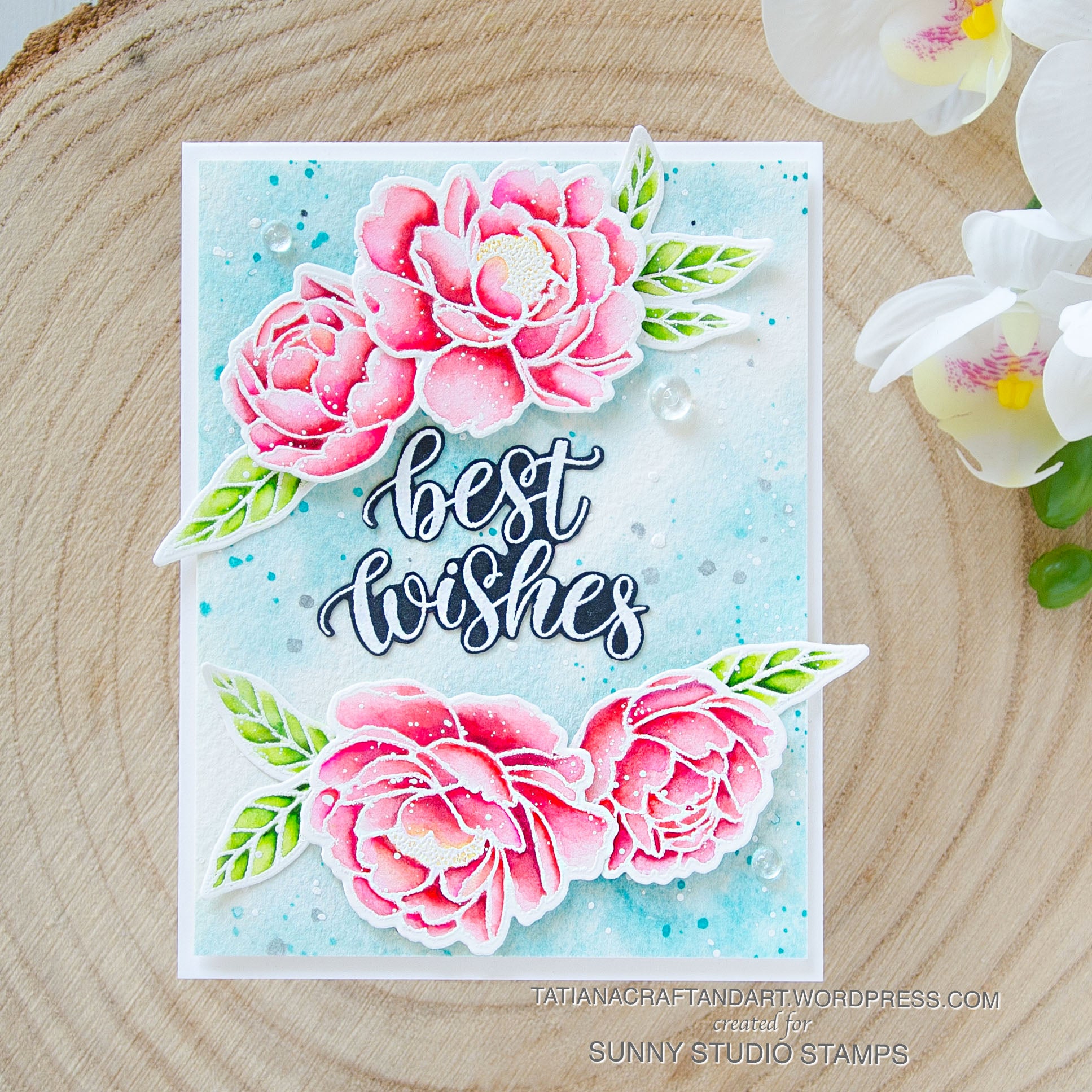 Sunny Studio Watercolor Peony Best Wishes Handmade Card using Pink Peonies 4x6 Clear Photopolymer Stamps