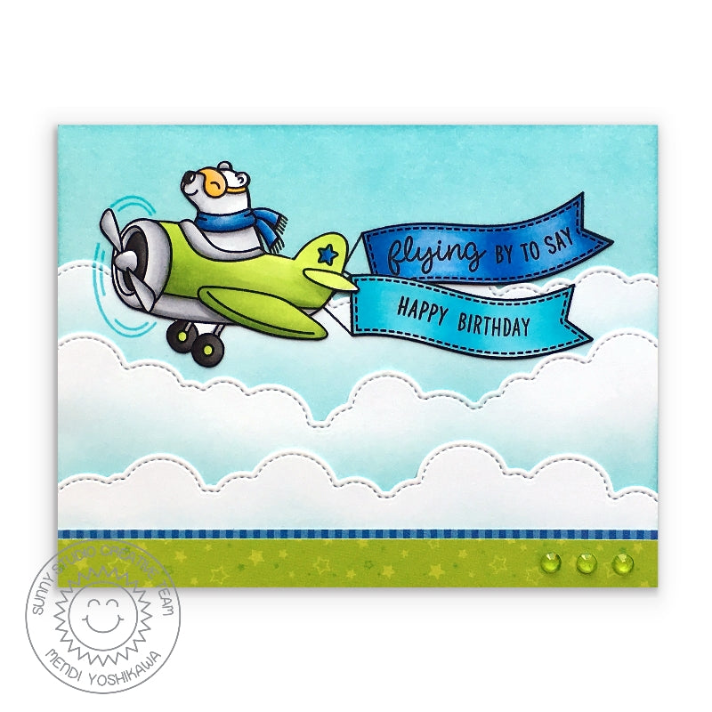 Sunny Studio Stamps Plane Awesome "Flying By To Say Happy Birthday Blue & Green Airplane with Bear Card