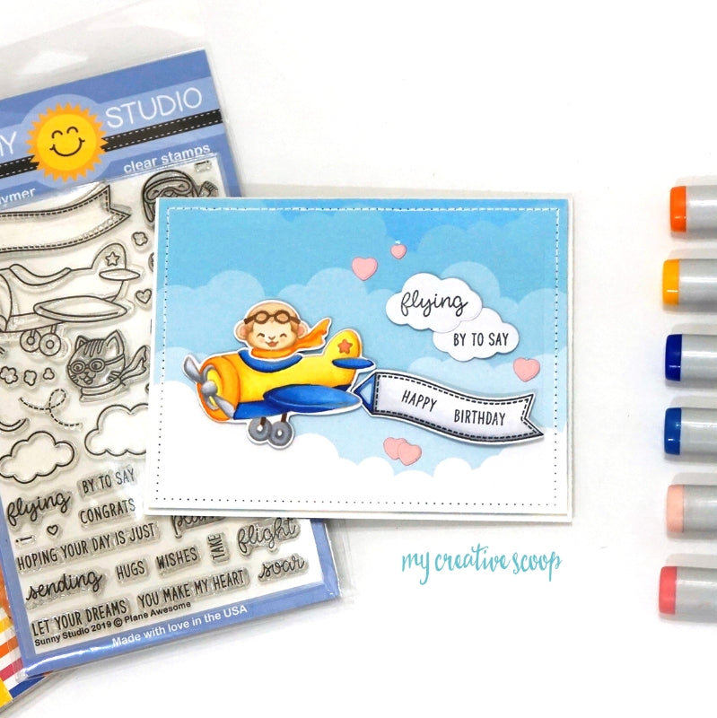 Sunny Studio Stamps Plane Awesome Airplane Handmade Card by Mindy Baxter (using no-line Copic Coloring)