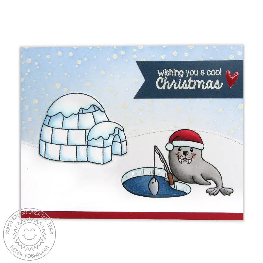 Sunny Studio Stamps Frosty Flurries Walrus Ice Fishing Winter Holiday Christmas Card