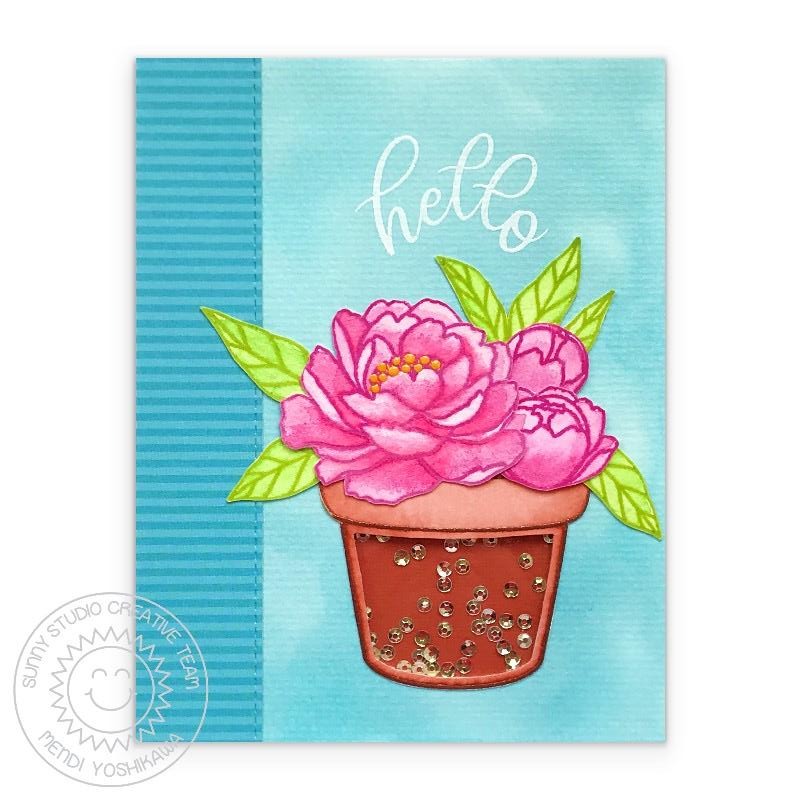 Sunny Studio Watercolor Pink Peonies in Flowerpot Hello Sequin Shaker Card using Potted Rose 4x6 Clear Photopolymer Stamps