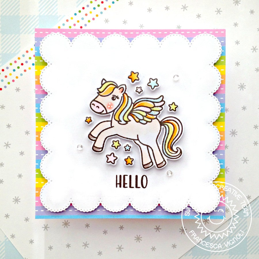 Sunny Studio Stamps Rainbow Striped Scalloped Pegasus Hello Card using scalloped Frilly Frames Eyelet Lace Metal Cutting Dies