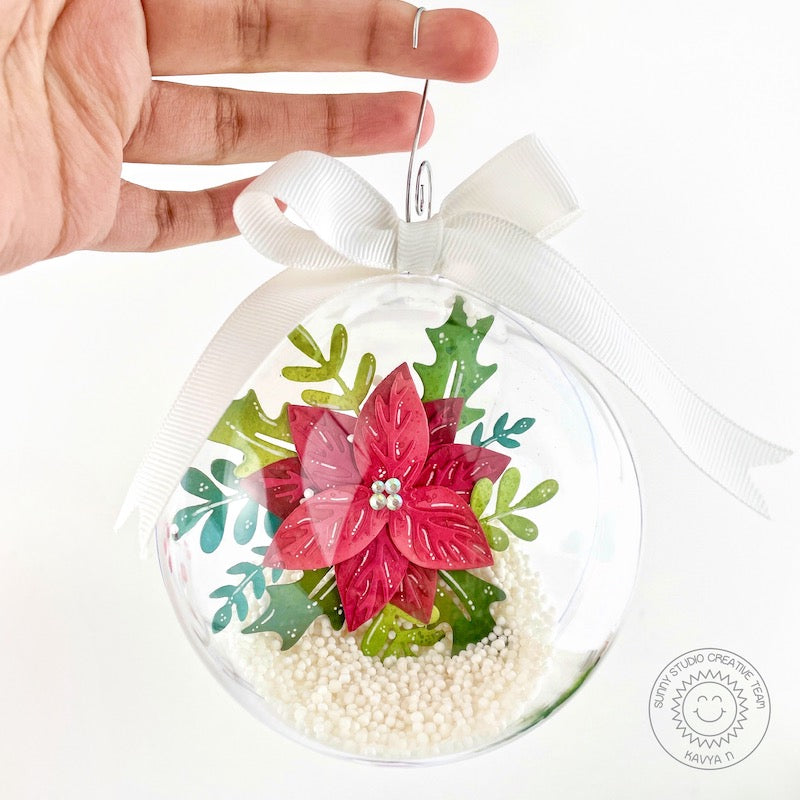 Sunny Studio Stamps Clear Hanging Bauble Ball Christmas Ornament Card using Winter Greenery Metal Cutting Dies