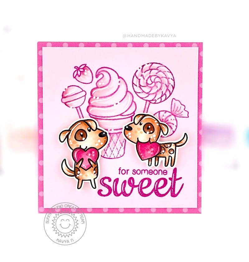 Sunny Studio For Someone Sweet Dogs with Candy & Ice Cream Treats Pink Polka-dot Card (using Puppy Love 2x3 Clear Stamps)