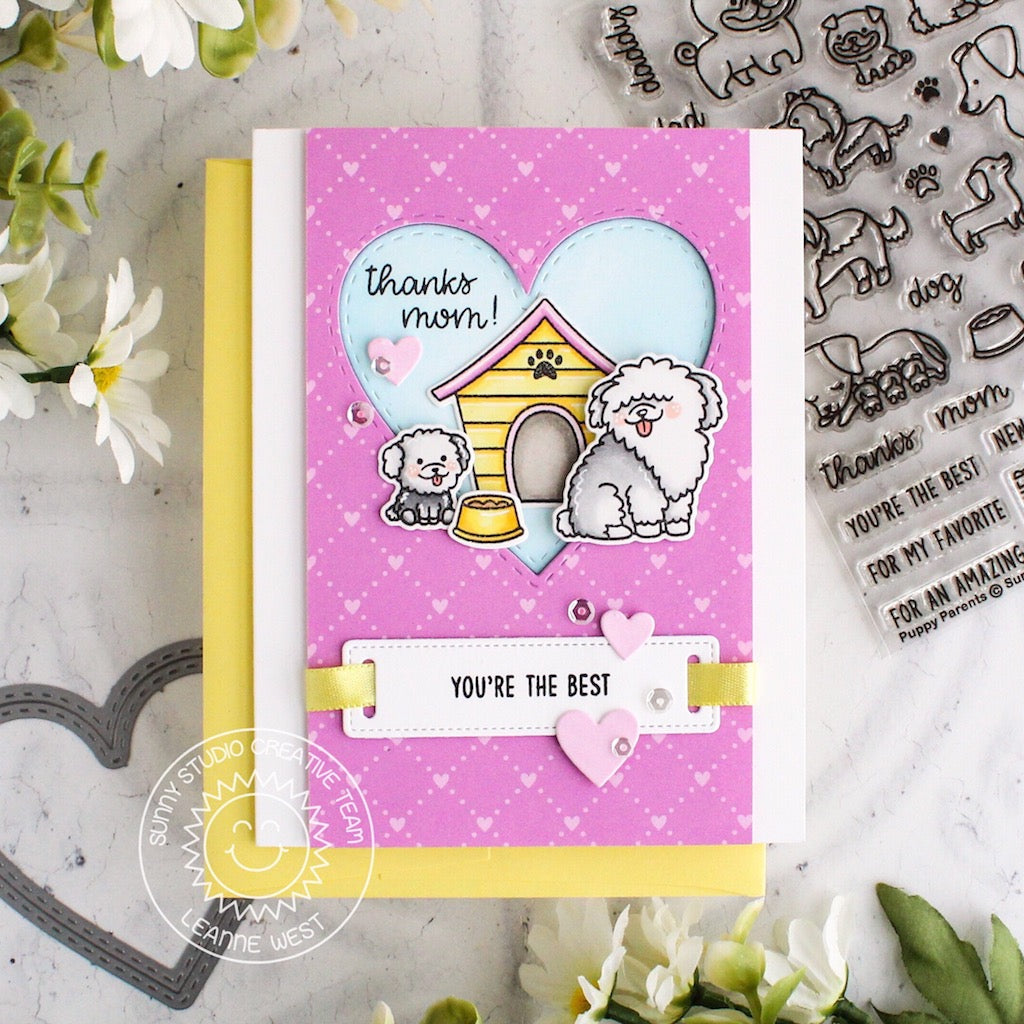Sunny Studio Stamps Puppy Parents Pink & Yellow Dog Card with Heart Cutout Window