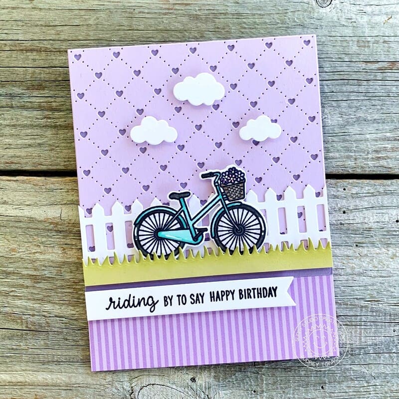 Sunny Studio Stamp Riding By To Say Happy Birthday Lavender Bicycle Card using Quilted Heart Portrait Background Cutting Die