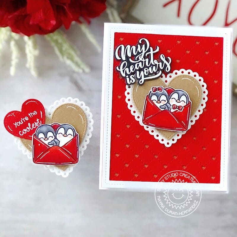 Sunny Studio My Heart is Yours Penguins in Envelope Red Valentine's Day Card (using Lovey Dovey 4x6 Clear Sentiment Stamps)