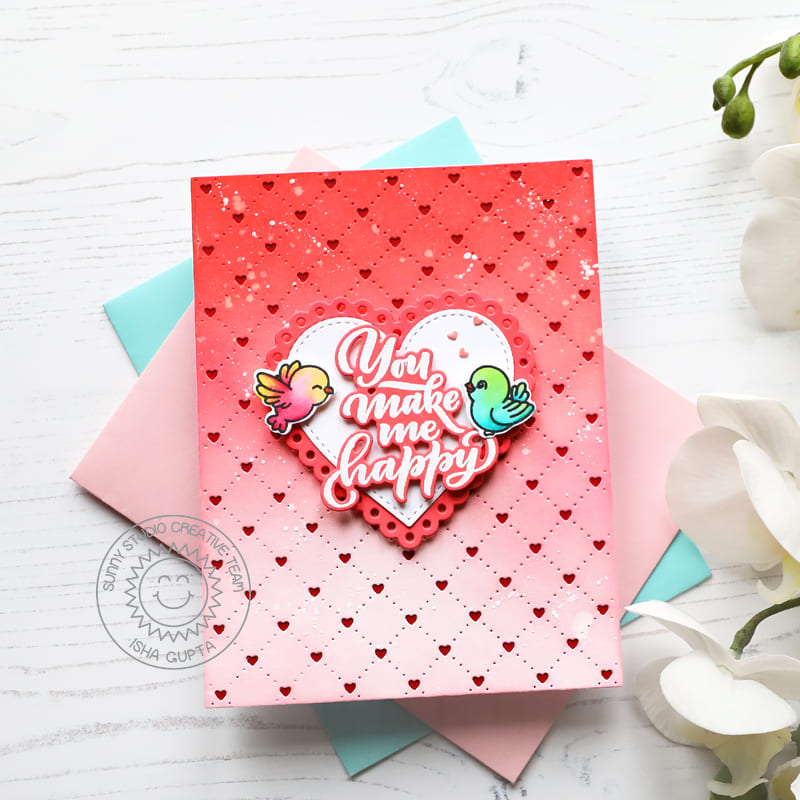 Sunny Studio Stamps You Make Me Happy Bird's Red Ombre Heart Valentine's Day Card using Stitched Heart 2 Metal Cutting Dies