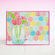 Sunny Studio Vintage Jar with Spring Tulips Card with Patchwork Background (using Quilted Hexagons Stamps)