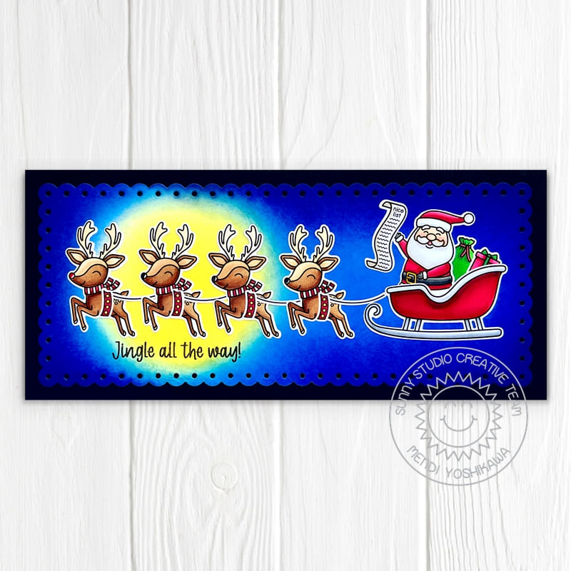 Sunny Studio Jingle All the Way Santa in Flying Sleigh Holiday Christmas Card (using Reindeer Games 4x6 Clear Stamps)