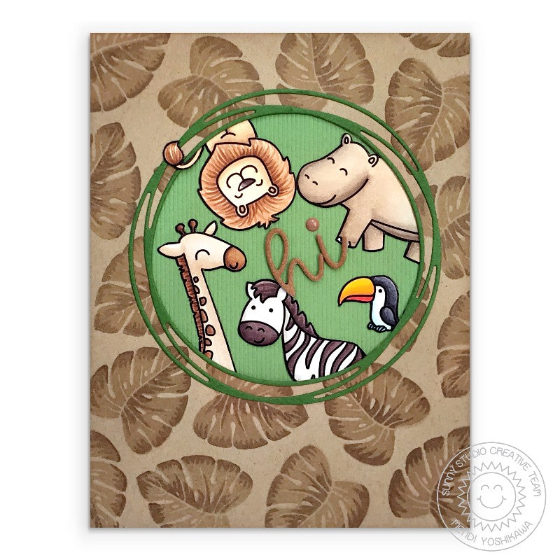 Sunny Studio Zoo Animals Greeting Card with Jungle Leaf Background & Loopy Circle Frame using Radiant Plumeria Clear Stamps