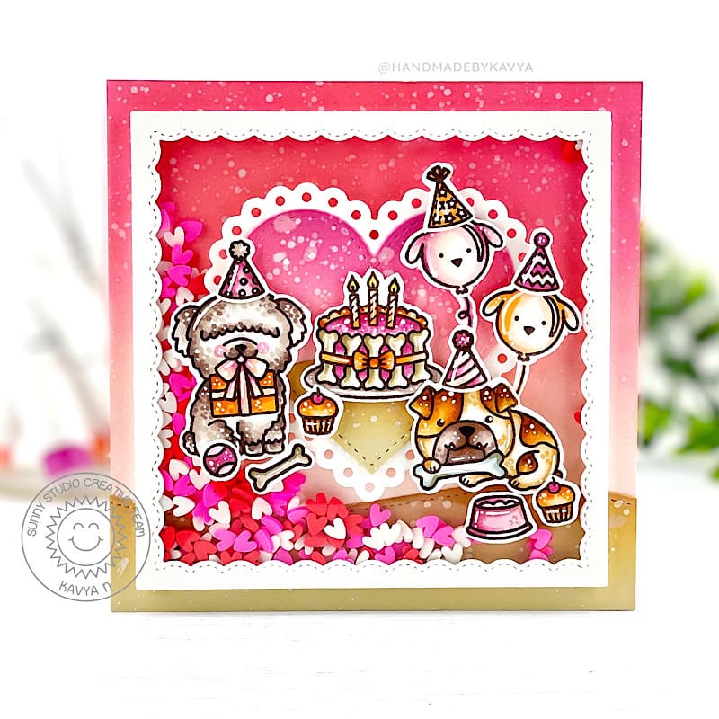 Sunny Studio Stamps Pink & Brown Dog Themed Square Heart Shaker Birthday Card (using Stitched Heart 2 Metal Cutting Dies)
