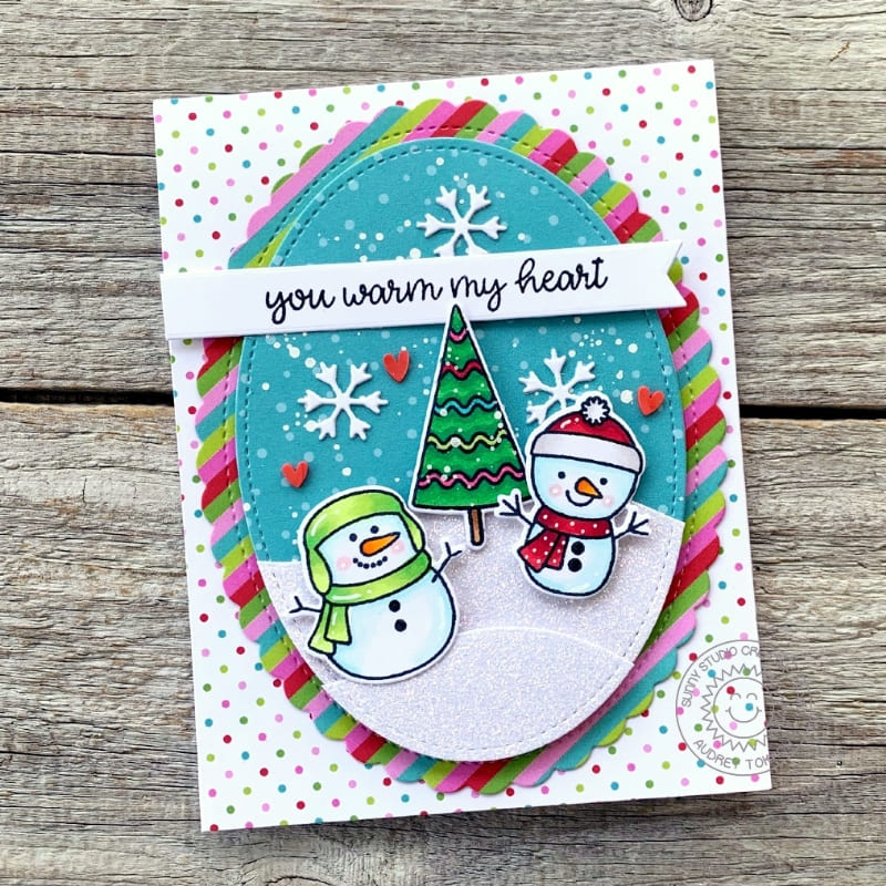 Sunny Studio Stamps You Warm My Heart Colorful Snowman Holiday Christmas Card (using Scalloped Oval Mat 1 Cutting Dies)