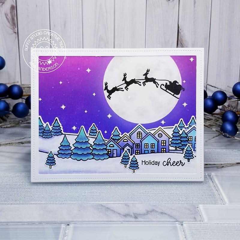 Sunny Studio Santa's Sleigh with Moonlit Sky Flying over Houses Holiday Christmas Card using Scenic Route 4x6 Clear Stamps