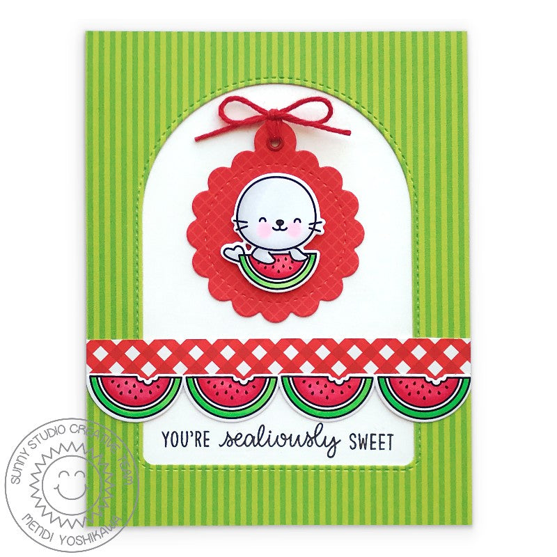 Sunny Studio Stamps Red & Green Seal with Watermelon Handmade Summer Card using Stitched Arch Metal Cutting Dies