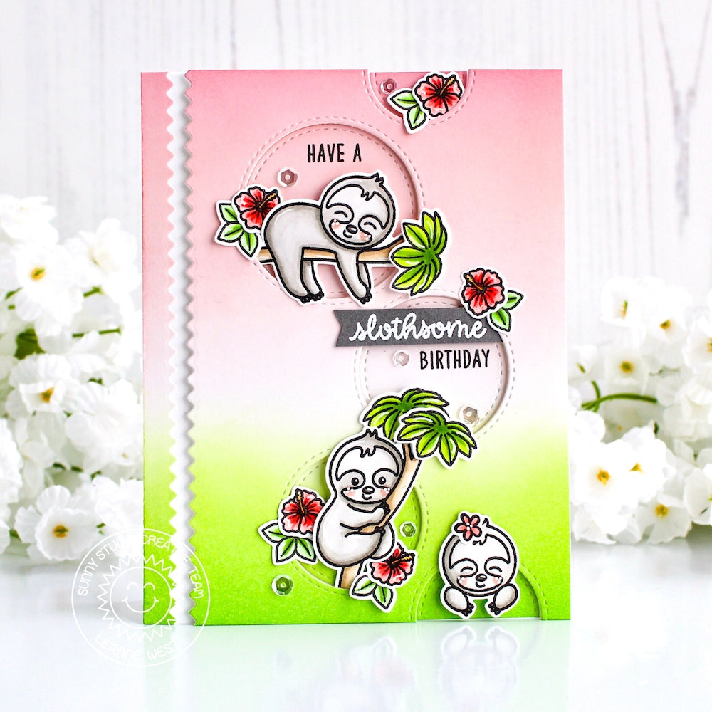 Sunny Studio Stamps Silly Sloths Pink & Green Hanging Sloth Birthday Card (using Staggered Circles Metal Cutting Die)