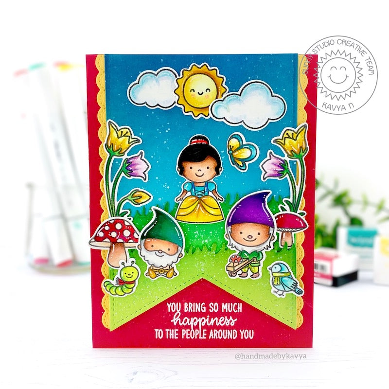 Sunny Studio You Bring So Much Happiness to the People Around You Snow White & Dwarfs Princess Themed Card (using Inside Greetings Birthday 4x6 Clear Stamps)
