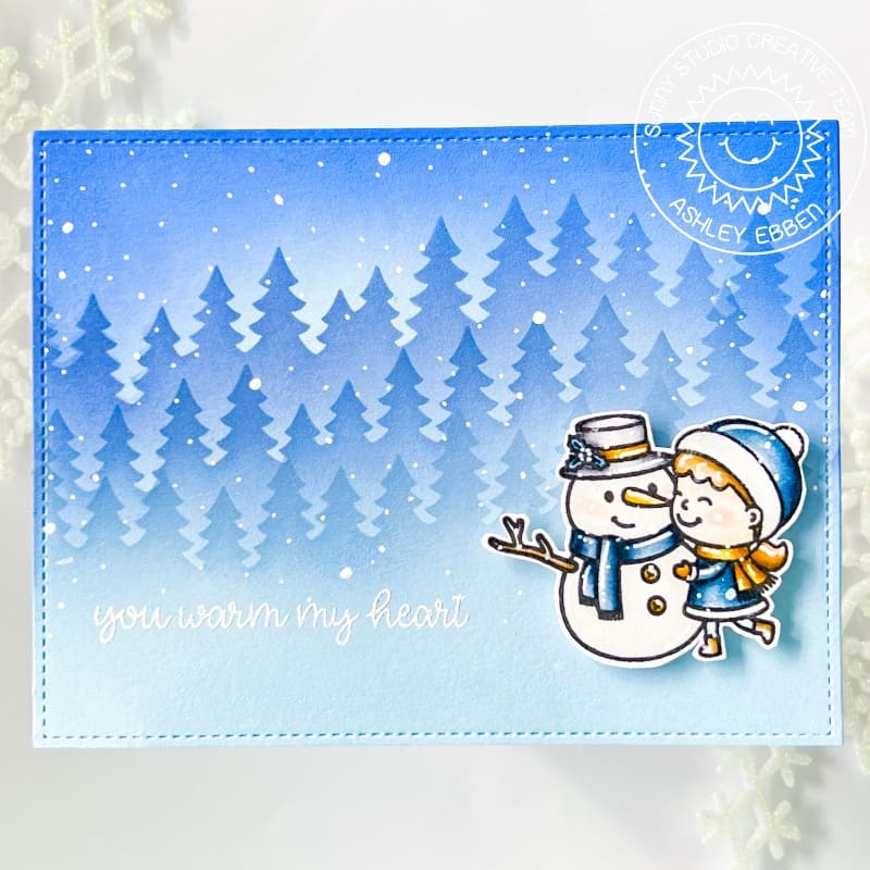 Sunny Studio Stamps Girl with Snowman Blue Winter Scene Holiday Christmas Card (using Forest Trees 6" Layered Stencils)