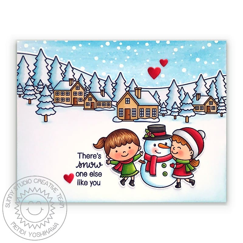 Sunny Studio Girls with Snowman Winter Holiday Christmas Card (using Snow One Like You 2x3 Clear Mini Stamps)