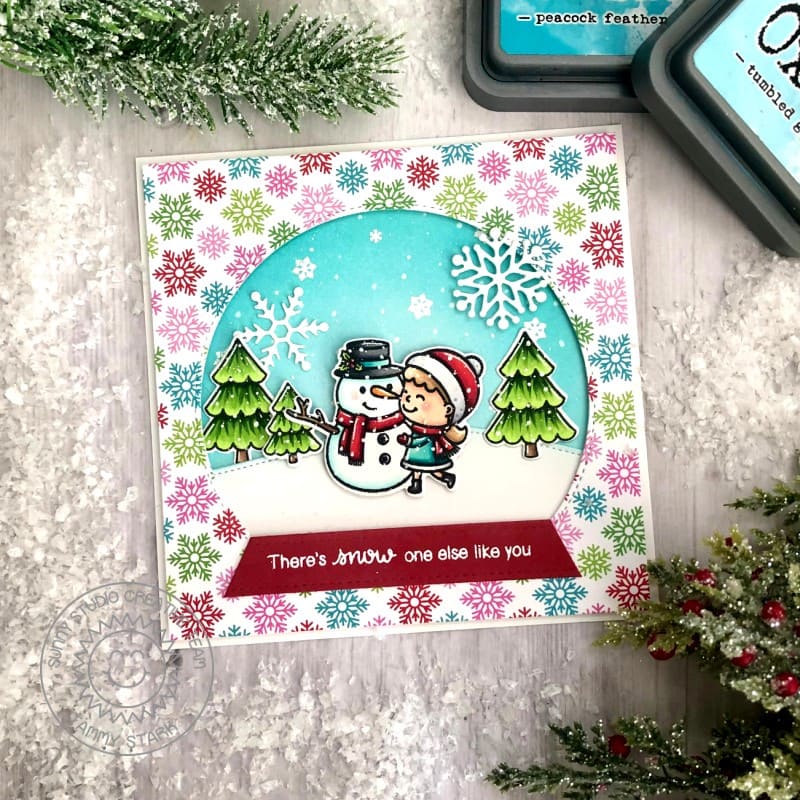 Sunny Studio Girl with Snowman Holiday Snowglobe Winter Snowflake Christmas Card (using Snow One Like You 2x3 Stamps)