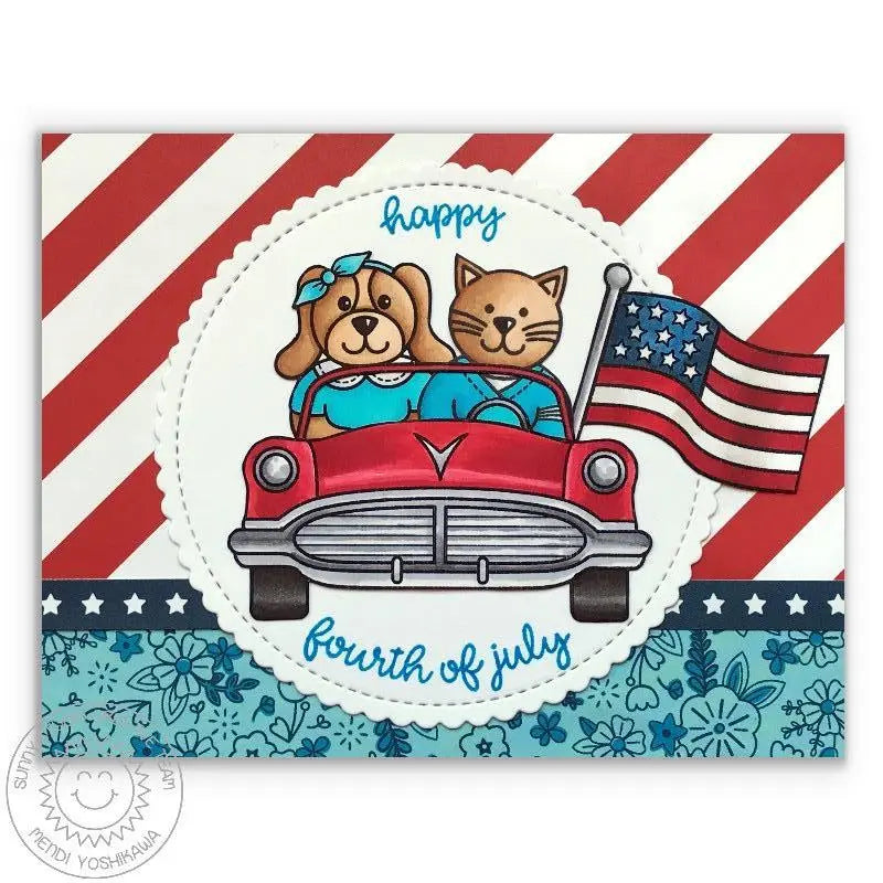 Sunny Studio Stamps Sock Hop Fourth of July Car Card with Dog & Cat In Parade