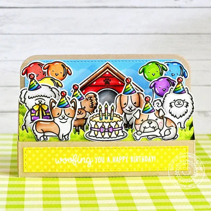 Sunny Studio Dog Themed Pop-up Box Punny Interactive Birthday Card by Marine Simon (using Party Pups 4x6 Clear Stamps)