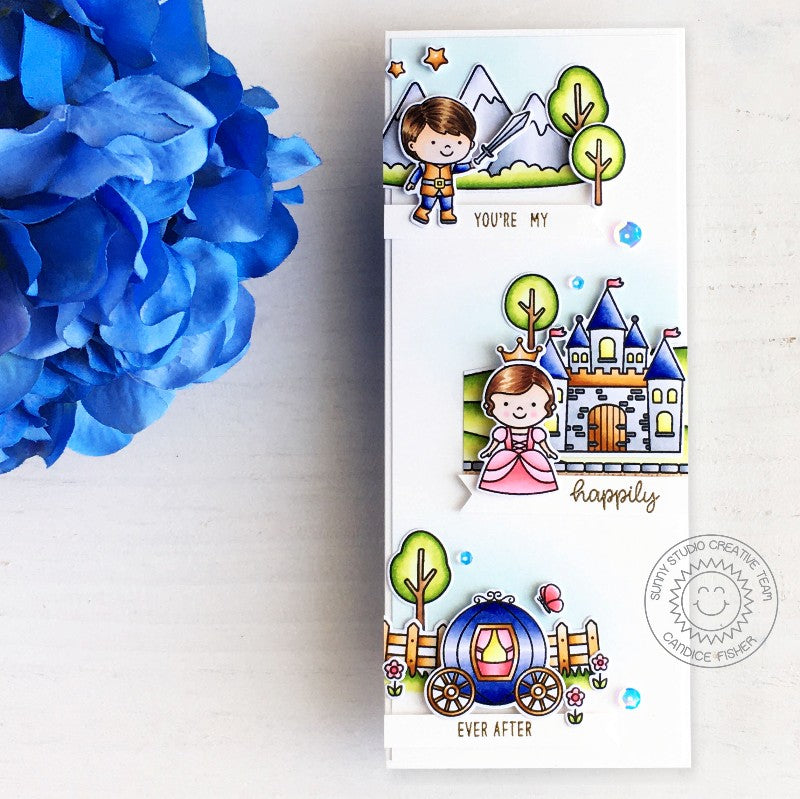 Sunny Studio Stamps You're My Happily Ever After Princess, Princess, Castel & Carriage Slimline Handmade Card (using Spring Scenes Border 4x6 Clear Photopolymer Stamp Set)