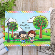 Sunny Studio Stamps You Brighten My Day Kids at the Park with Trees and Butterflies Rainbow Striped Handmade Card (using Spring Scenes Border 4x6 Clear Photopolymer Stamp Set)