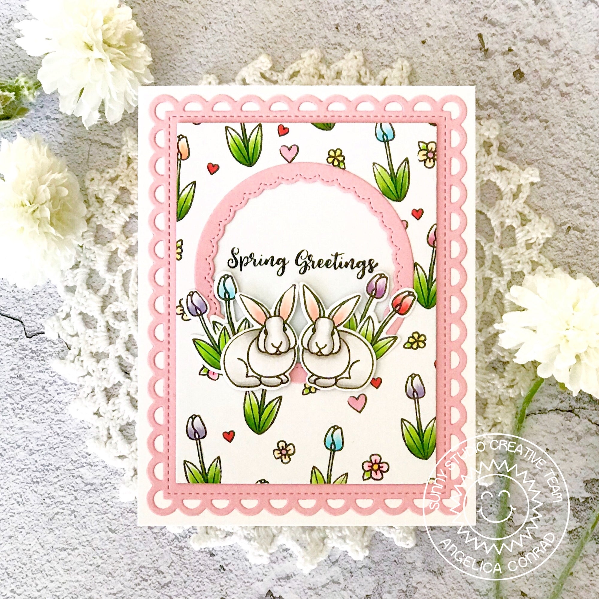 Sunny Studio Stamps Spring Greetings Easter Bunny Pink Scalloped Card (using Frilly Frames Lattice Metal Cutting Dies)