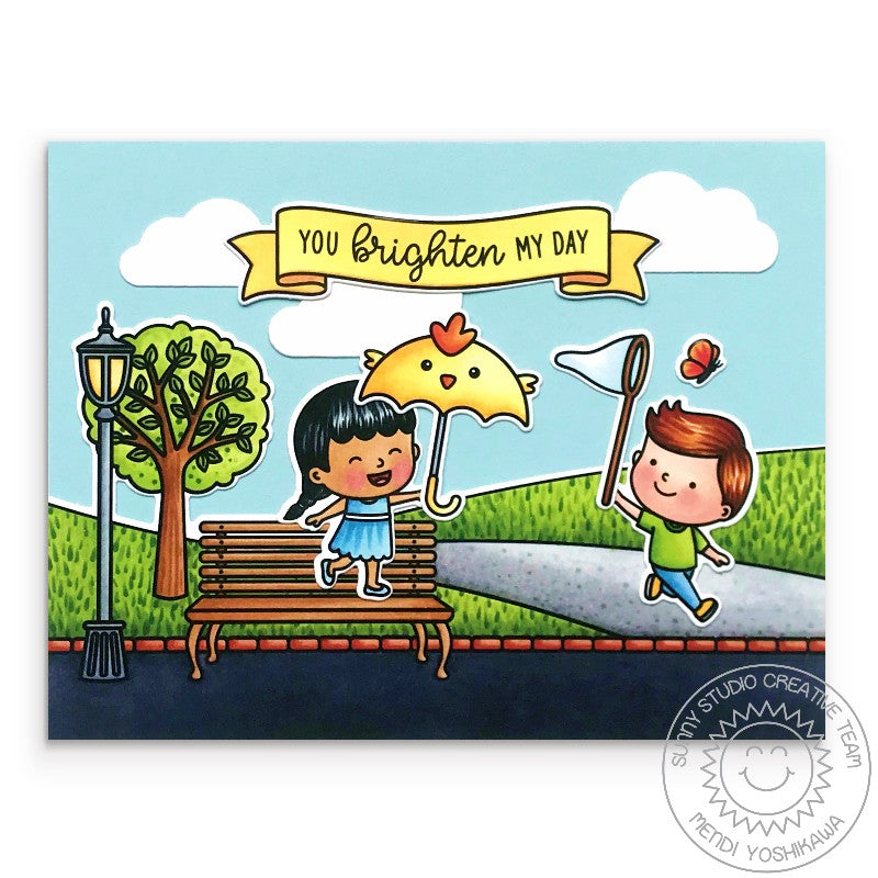 Sunny Studio "You Brighten My Day" Kids Playing At the Park with Umbrella and Butterfly Net Handmade Card (using Spring Scenes 4x6 Border Clear Stamps)