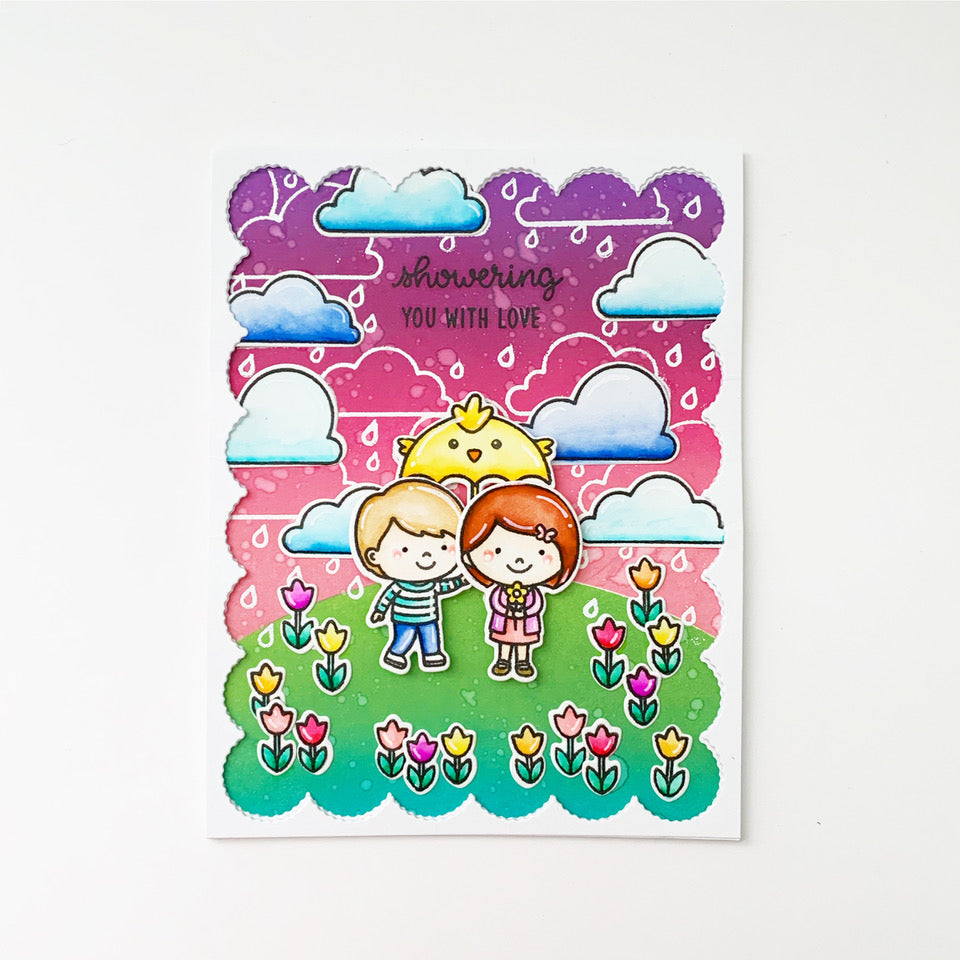 Sunny Studio Stamps Spring Showers Rainy Cloudy Day Kids with Critter Chick Umbrella and Tulip Field Handmade Card by Jane