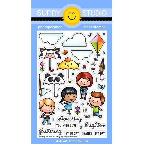 Sunny Studio Spring Showers 4x6 Photopolymer Clear Stamps Featuring Critter Umbrellas, Clouds, Kite, Butterflies & Kids