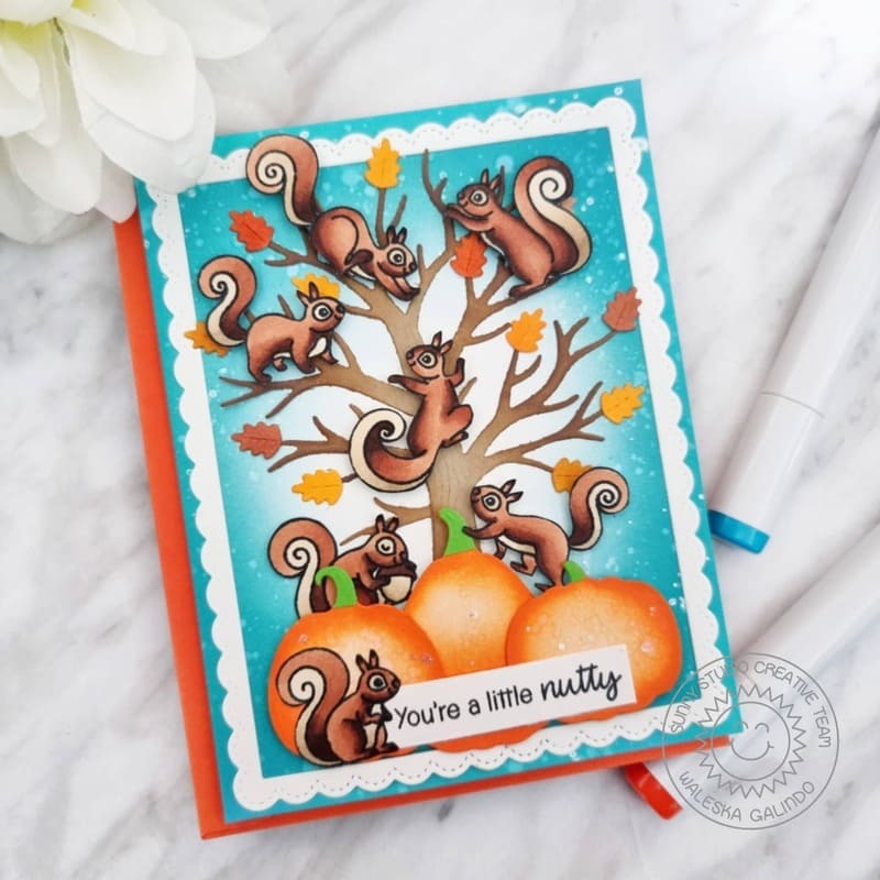 Sunny Studio Stamps Squirrels Climbing Tree Nutty Puns Punny Fall Pumpkins Card using Autumn Tree Metal Cutting Dies