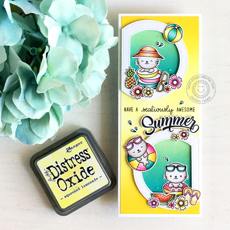 Sunny Studio Stamps Sealiously Awesome Summer Punny Seal Puns Slimline Card using Stitched Semi-Circle Metal Cutting Dies