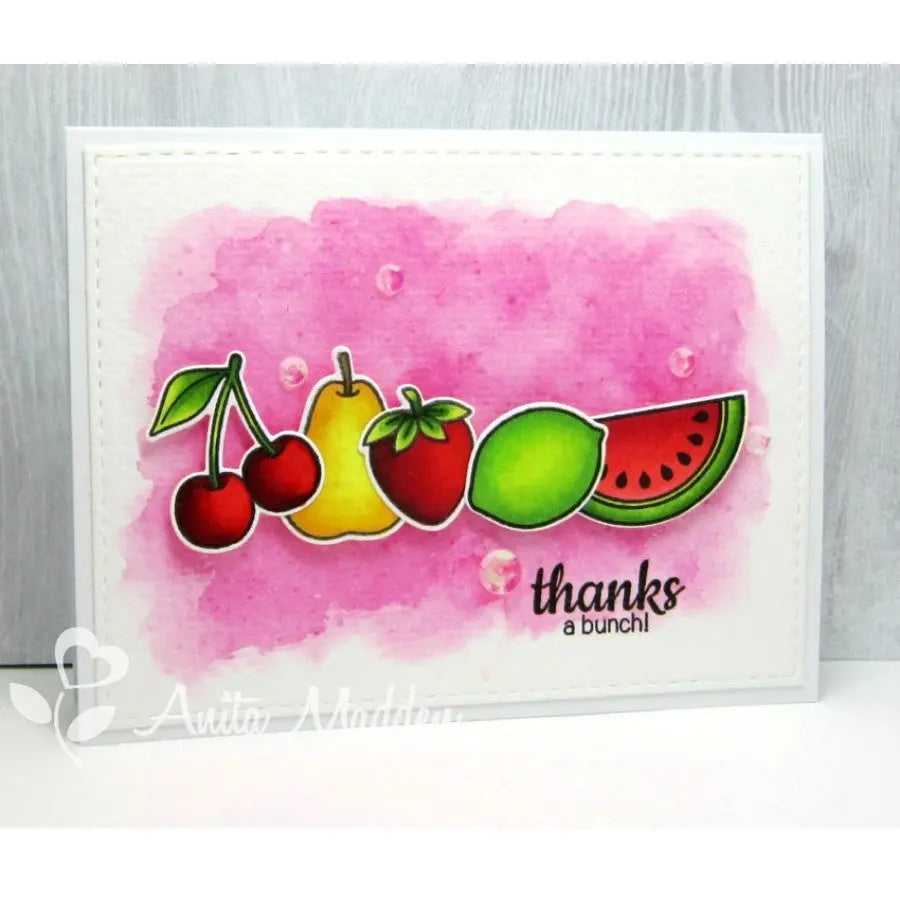 Sunny Studio Stamps Fresh & Fruity Thanks A Bunch Punny Fruit Themed Summer Thank You Card with Pink Watercolor Background