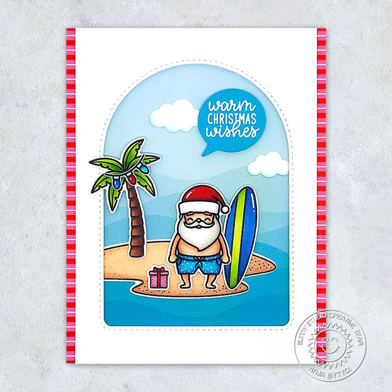 Sunny Studio Warm Christmas Wishes Santa Claus on Tropical Island Holiday Christmas Card using Surfing Santa 2x3 Clear Stamp