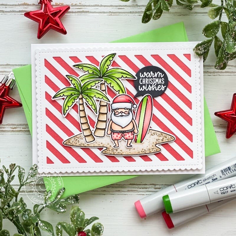 Sunny Studio Tropical Santa Claus On Island with Palm Trees Red Holiday Christmas Card using Surfing Santa 2x3 Clear Stamps