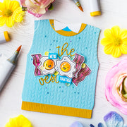 Sunny Studio Stamps Bacon & Eggs Blue & Aqua Cable Knit Sweater Vest Card by Mona Toth (using metal cutting dies)