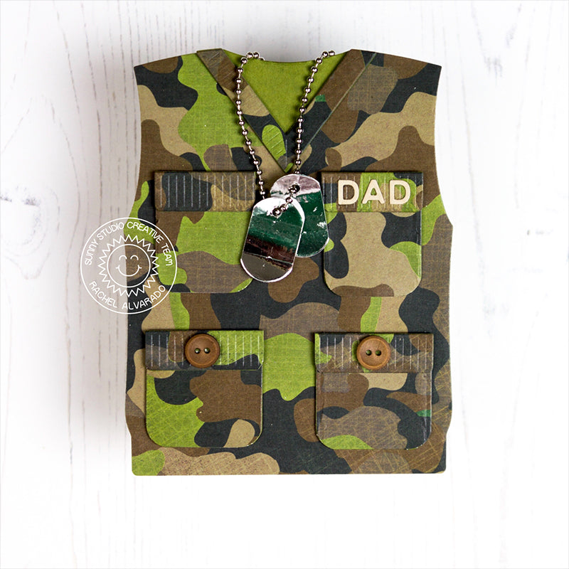 Sunny Studio Stamps Army Military Themed Camouflage Vest Father's Day Card with dog tags by Rachel Alvarado using Metal Cutting Dies