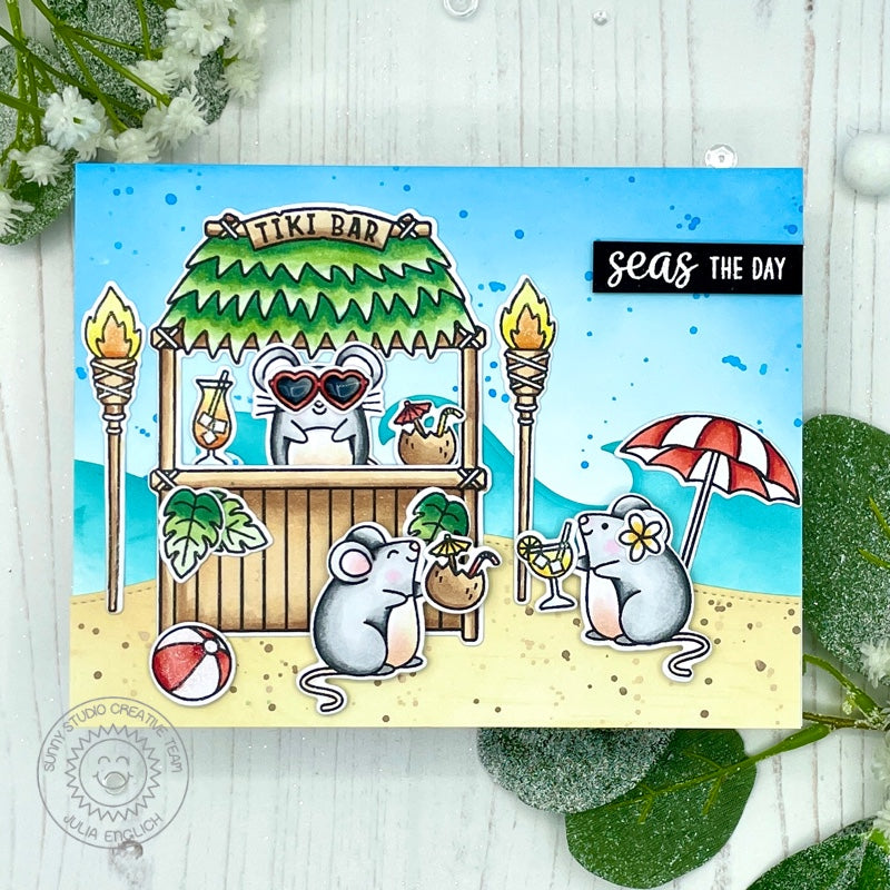 Sunny Studio Seas The Day Tiki Bar Mouse on the Beach Summer Card (using Harvest Mice Clear Stamps)