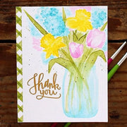 Sunny Studio Watercolor Daffodils & Tulip Flowers in Vintage Canning Jar Thank You Card (using Daffodil Dreams Clear Stamps)