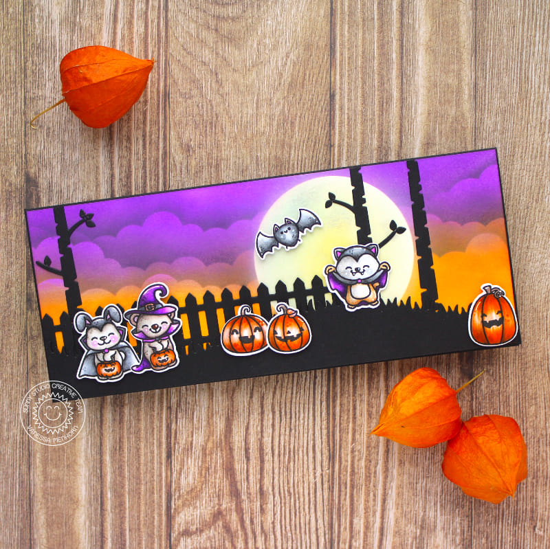 Sunny Studio Costumed Critters with Bats, Pumpkin & Moon Slimline Halloween Card (using Too Cute To Spook Clear Stamps)