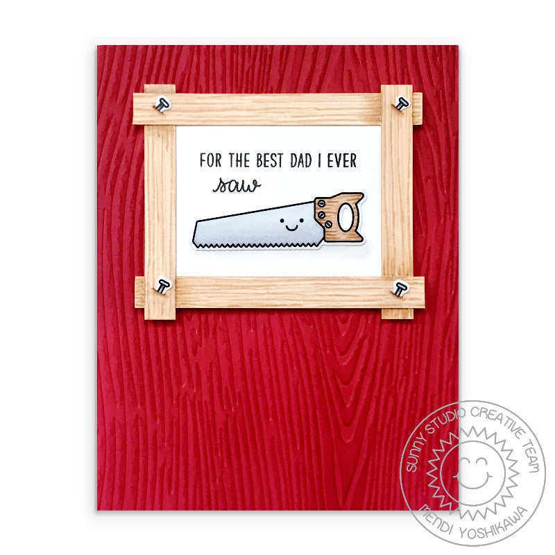 Sunny Studio Stamps Red Wood Embossed "For The Best Dad I Ever Saw" Punny Father's Day Puns Too Themed Handmade Card (using Woodgrain 6x6 Embossing Folder)