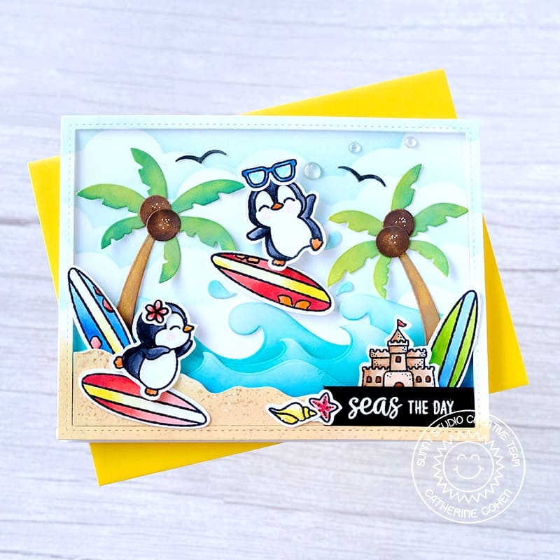 Sunny Studio Stamps Surfing Penguins with Ocean Waves "Seas The Day" Summer Card (using Catch A Wave Metal Cutting Dies)