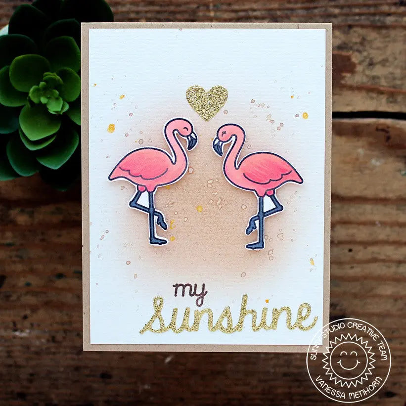 Sunny Studio Stamps Tropical Paradise Pink Flamingo & Gold Glitter My Sunshine Summer Card by Vanessa Menhorn