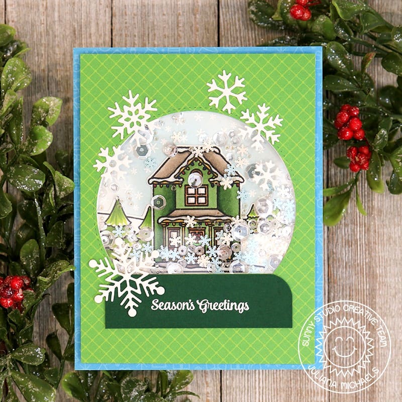 Sunny Studio Season's Greetings House & Home Snowflake Shaker Snow Globe Holiday Card using Victorian Christmas Clear Stamps