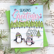 Sunny Studio Season's Greeting Winter Igloo with Fir Trees Holiday Christmas Card (using Penguin Pals 4x6 Clear Stamps)