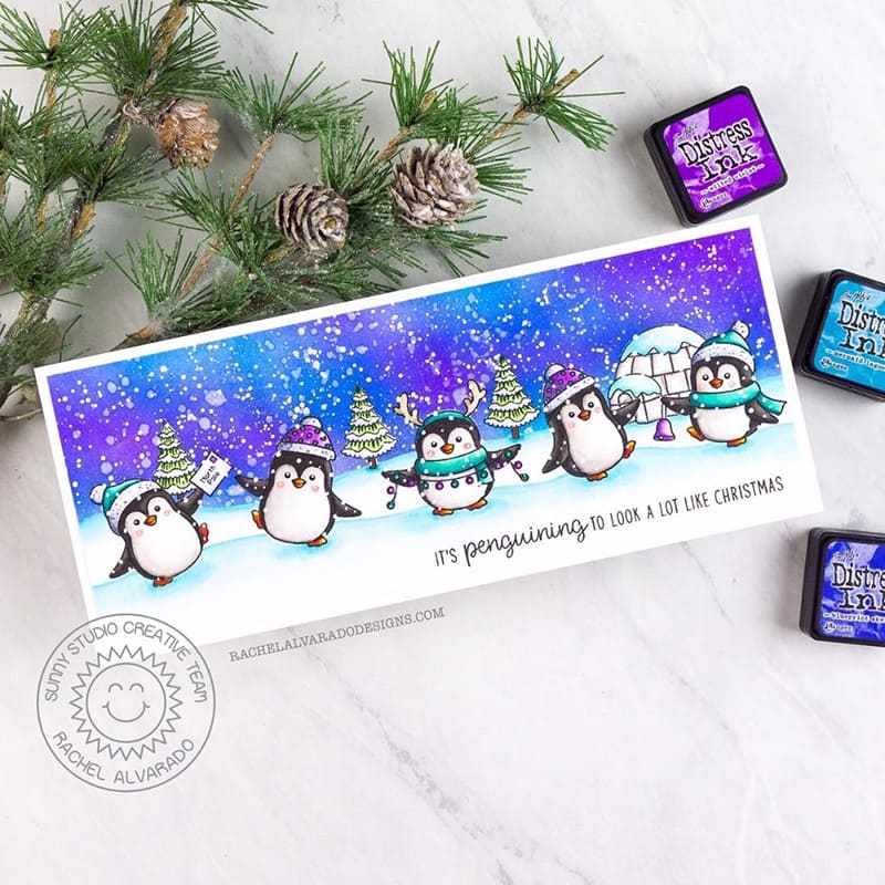 Sunny Studio Penguining To Look A Lot Like Christmas Penguins & Igloo Holiday Christmas Card using Winter Scenes Clear Stamp