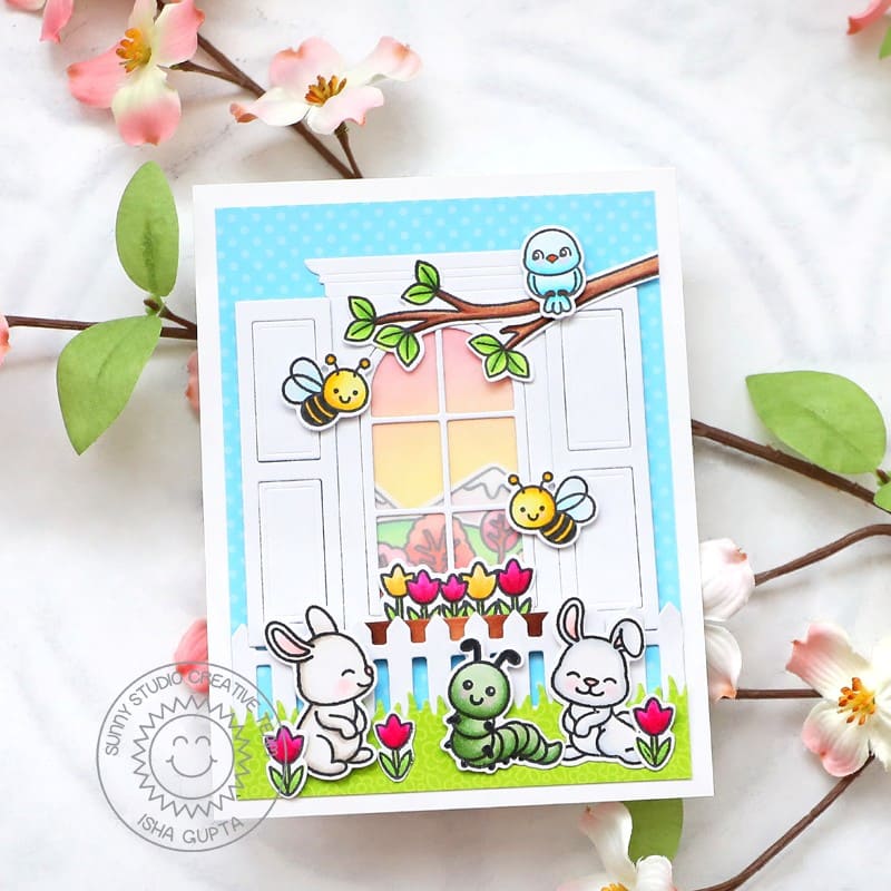 Sunny Studio Bunny Rabbits with Honey Bees, Birds, Tulips, Picket Fence & Window Card (using Little Birdie 4x6 Clear Stamps)