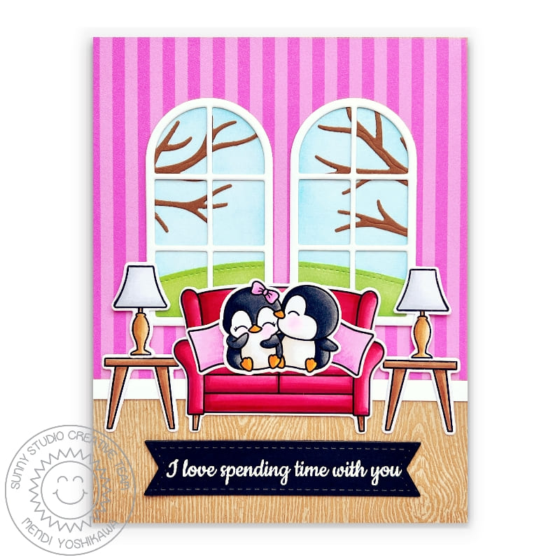 Sunny Studio Penguins Kissing On Sofa "I Love Spending Time With You" Card (using Wonderful Windows Metal Cutting Dies)